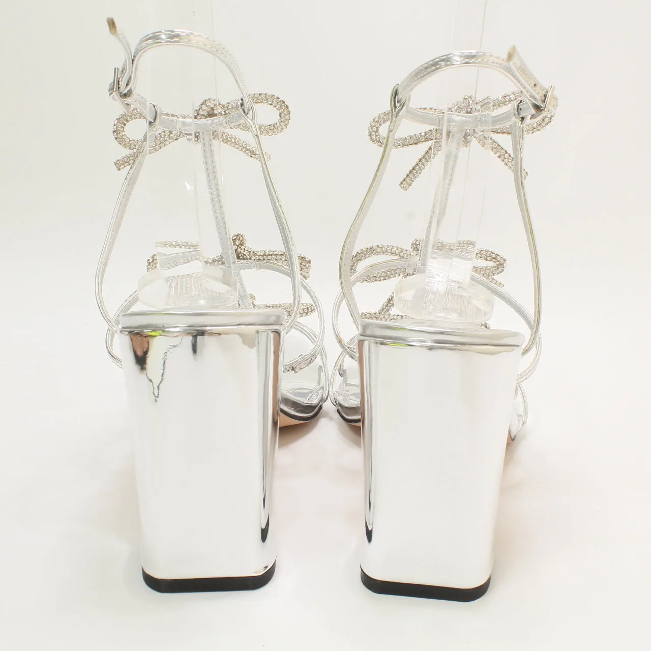 Womens Office Henley Bow Detail Block Heels Sandals Silver